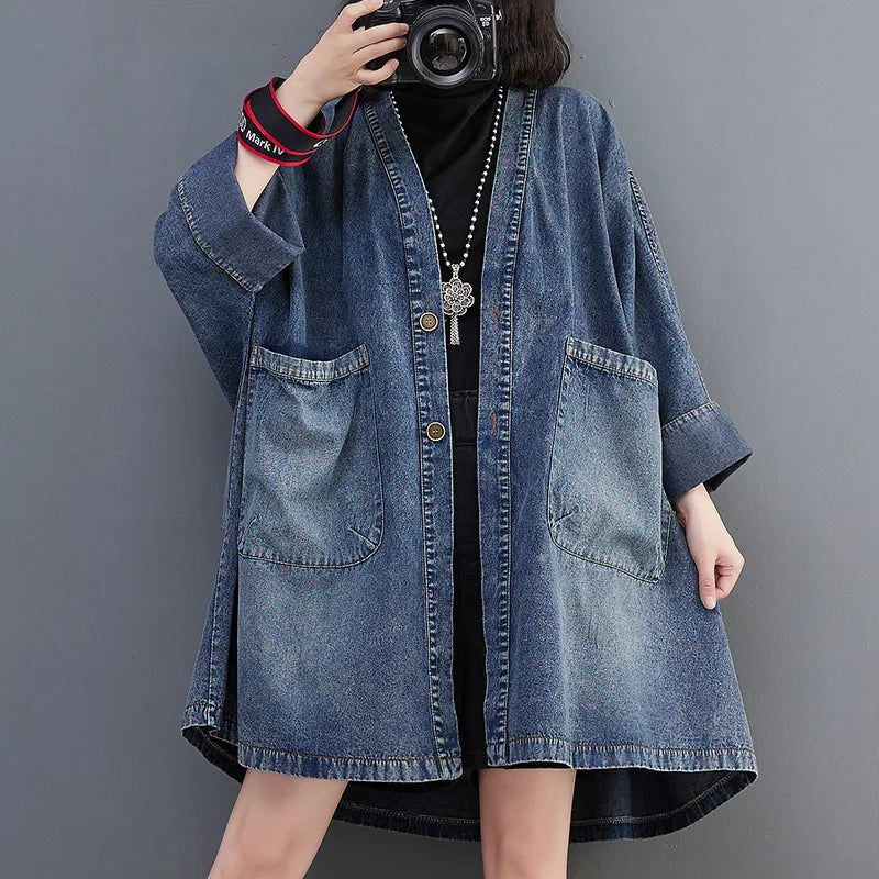Vintage V-Neck Denim Trench Coat – Casual Medium-Length Jacket with Pockets Harper