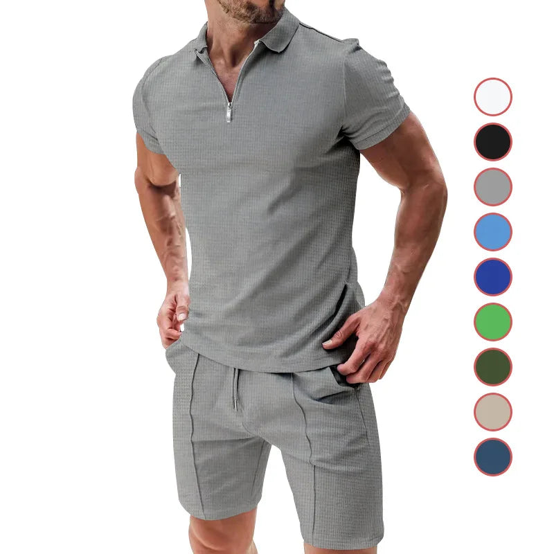Men's Summer Polo Shirt Set | Solid Color Waffle Short-Sleeve Slim Lapel T-Shirt & Casual Outfit Carlo