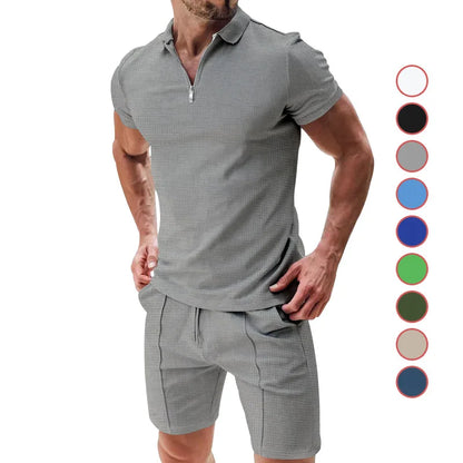 Men's Summer Polo Shirt Set | Solid Color Waffle Short-Sleeve Slim Lapel T-Shirt & Casual Outfit Carlo