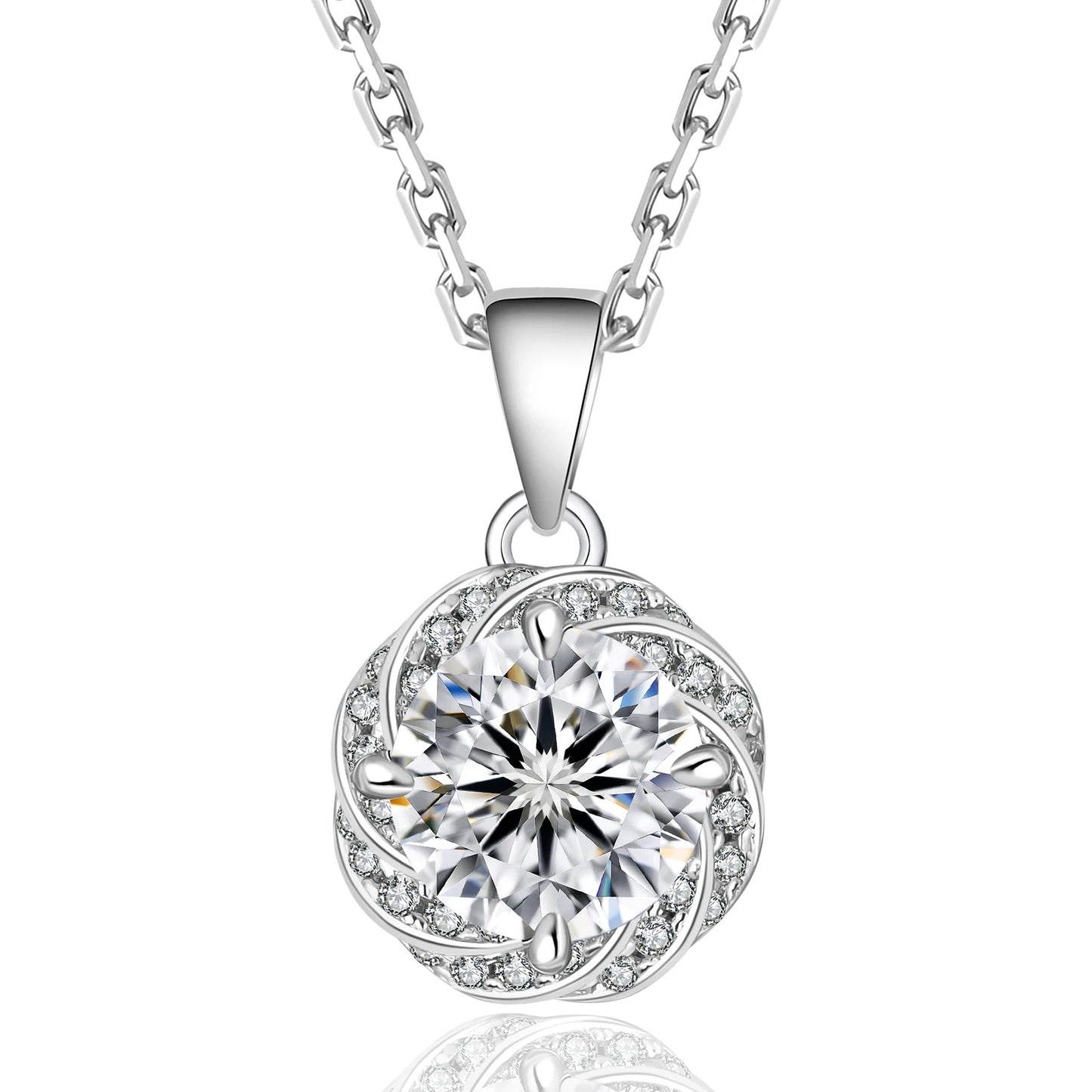 1 Carat Moissanite Pendant Necklace – 925 Sterling Silver White Gold-Plated VVS Round Solitaire Halo Moissanite Diamond Chain
