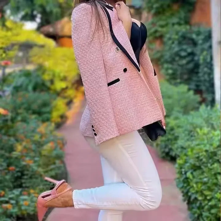 Women's Vintage Houndstooth Blazer Coat - Long Sleeve Double-Breasted Outerwear with Flap Pockets Constantia