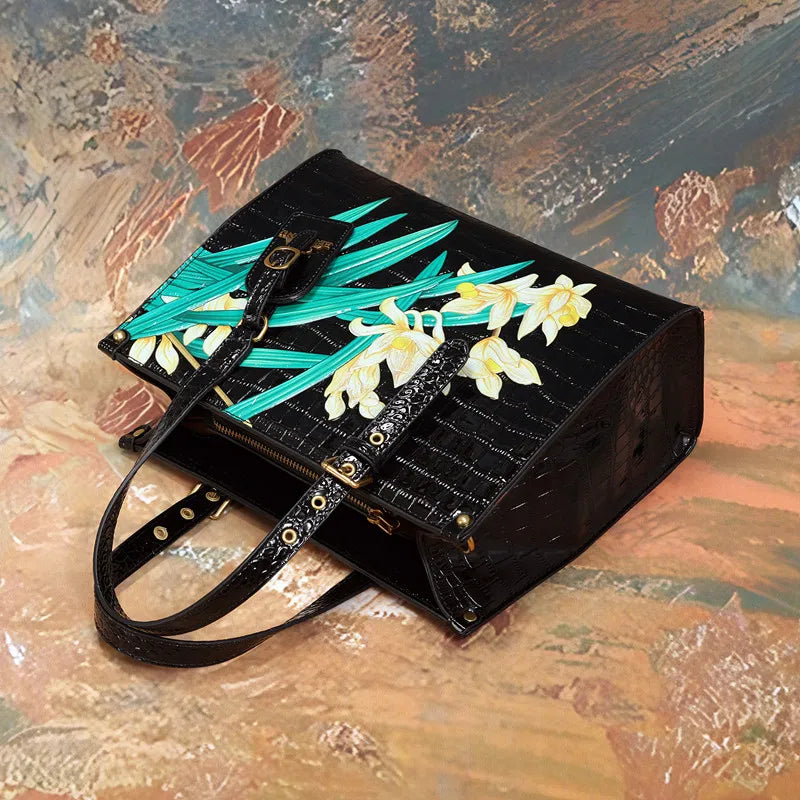 Women's Square Tote Handbag with Fashionable Floral Print, Adjustable Handle, and Zipper Closure Caterina