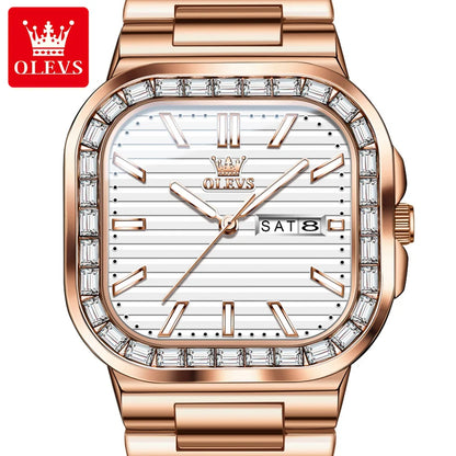 OLEVS 9966 Men's Rose Gold Watch - Square Dial, Quartz Movement, Waterproof, Week & Date Display