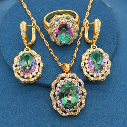 Rainbow Stones Gold Jewelry Set for Women – Bracelet, Earrings, Necklace, and Ring | Perfect Gift for Parties & Birthdays Priscille