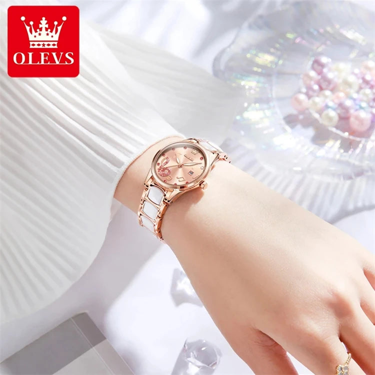 Olevs 3605 Women’s Elegant Ceramic Quartz Watch – Stainless Steel Waterproof Japan Movement Wristwatch, Perfect Gift for Women
