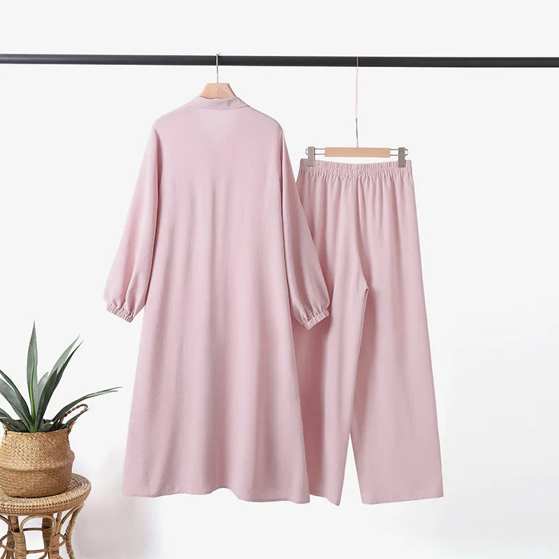 Muslim Women's Arabic Style Two-Piece Outfit – Long-Sleeve Shirt and Trousers Set for Modest Fashion Hiba