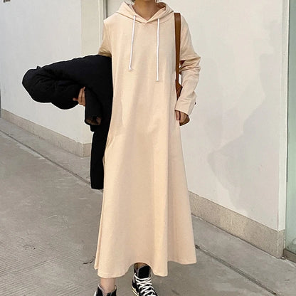 Korean Style Hooded Maxi Dress | Casual Loose Fit Solid Color Swing Dress for Autumn & Winter Candace