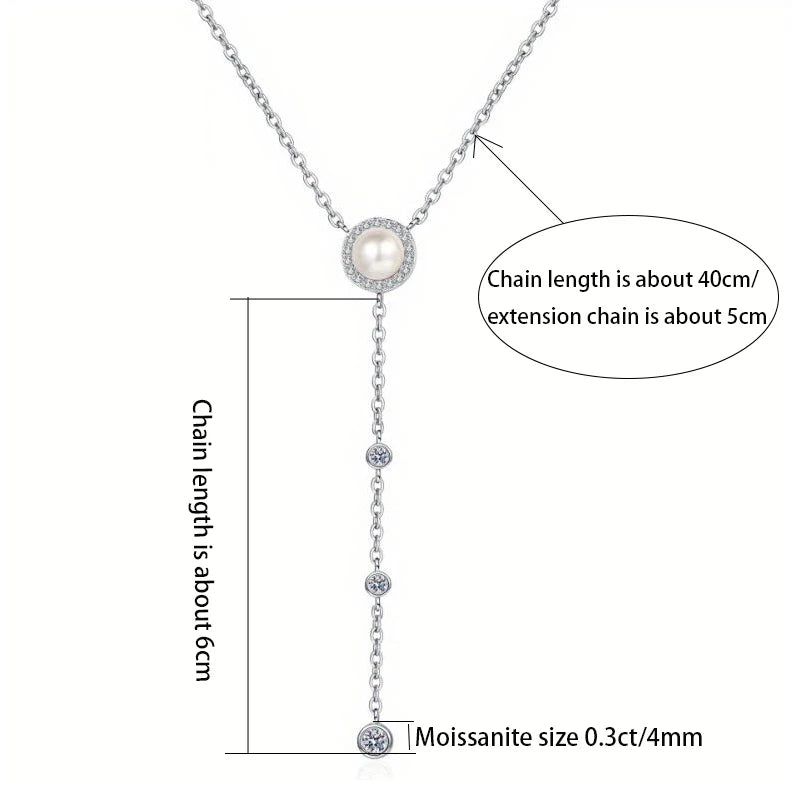 S925 Silver 0.5ct Moissanite & Freshwater Pearl Tassel Necklace | Korean Style Luxury Jewelry | Simple, Elegant Design for Parties & Special Occasions Agathe