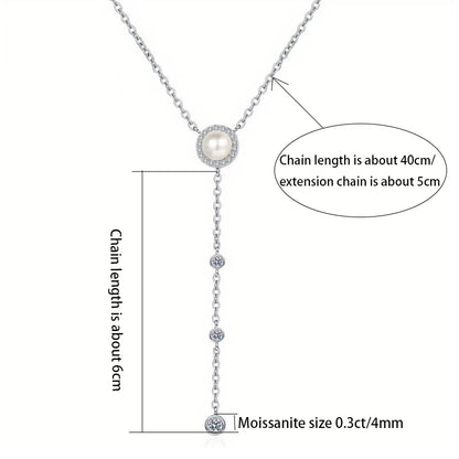 S925 Silver 0.5ct Moissanite & Freshwater Pearl Tassel Necklace | Korean Style Luxury Jewelry | Simple, Elegant Design for Parties & Special Occasions Agathe