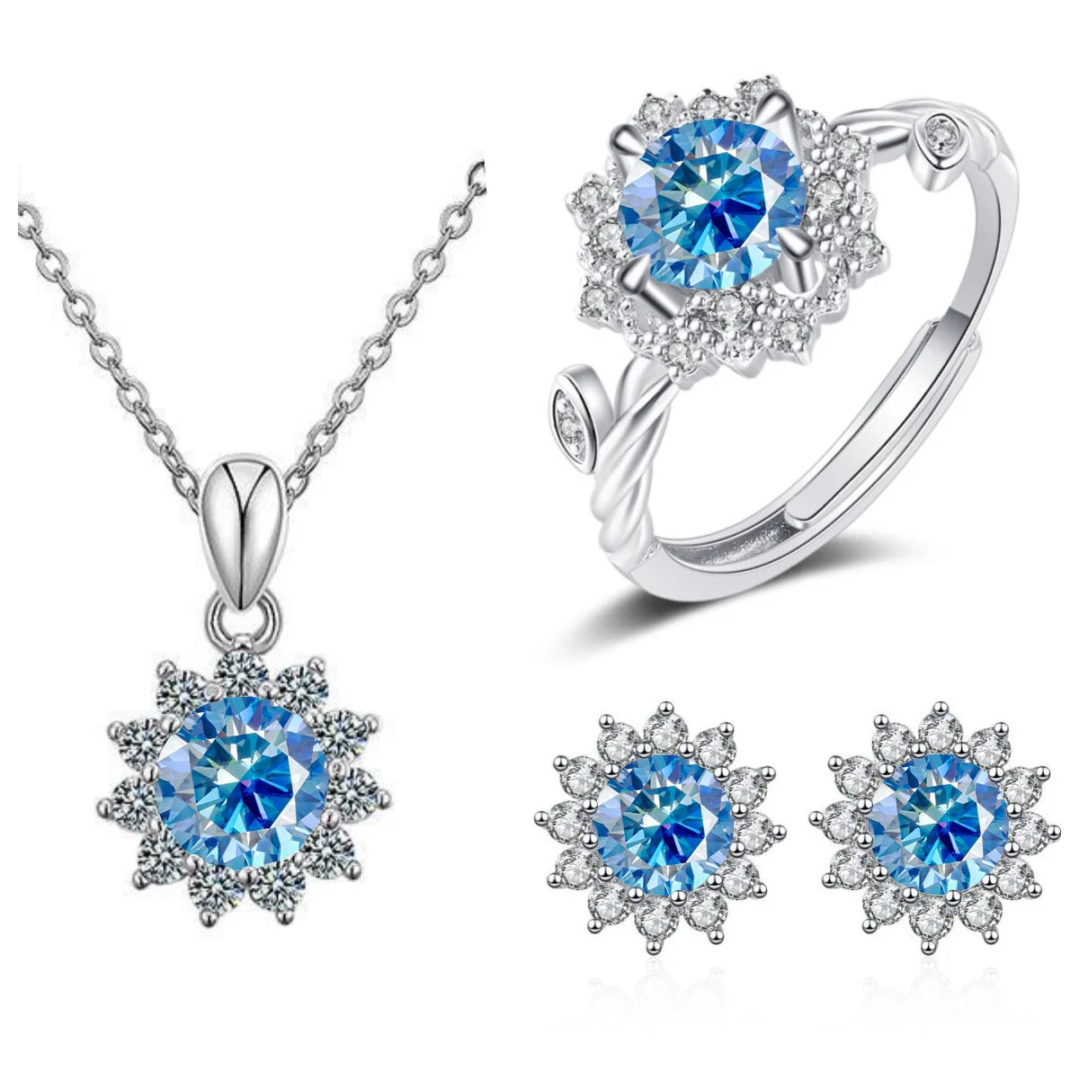 S925 Sterling Silver Stud Earrings & Pendant Set | 1 Carat Moissanite Necklace | Classic Sunflower Design | Perfect Valentine’s Day Gift Serafina