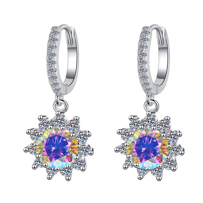 Fine Jewelry | Flower Shape S925 Sterling Silver Moissanite Earrings | 1Ct/0.5Ct Blue & Pink Stud and Hoop Design | GRA Certified Pamela