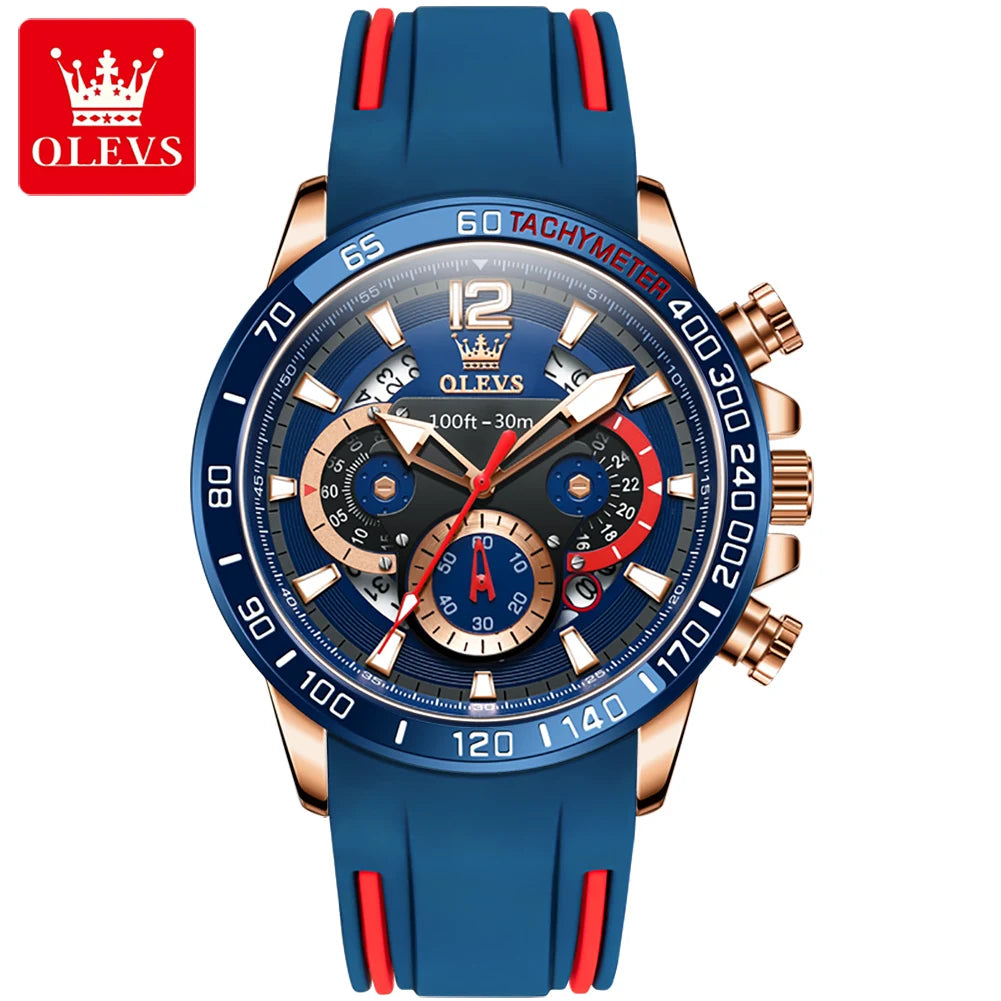OLEVS 9936 Men's Sports Watch - Silicone Blue Strap, Waterproof Quartz, Luminous, Calendar Display