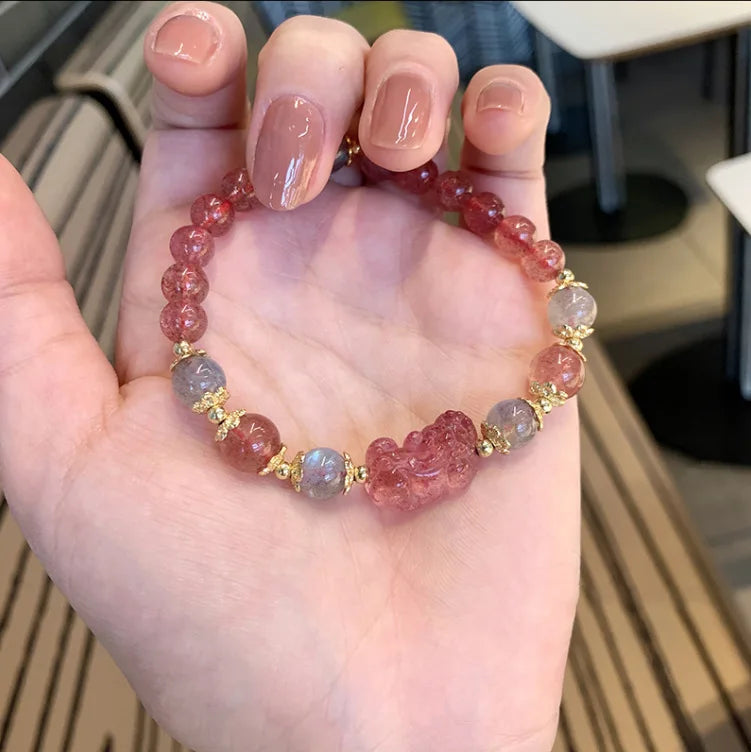 Strawberry Quartz Pi Xiu Bracelet for Women – Natural Crystal Bracelet with Red Woven Strap | Perfect Gift for Girlfriends