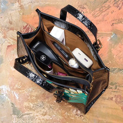 Women's Square Tote Handbag with Fashionable Floral Print, Adjustable Handle, and Zipper Closure Caterina