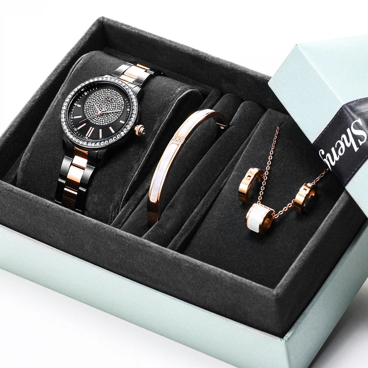 SHENGKE Women’s Luxury Watch Gift Set – 4‑Piece Jewelry Box with Necklace, Earrings & Bracelet Annabelle