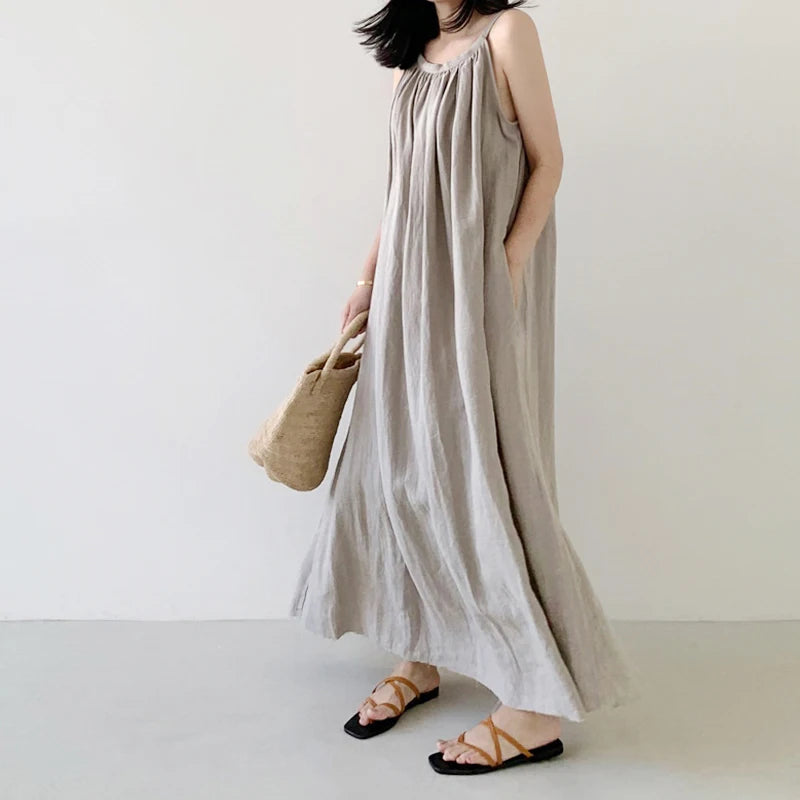 Summer Retro Cotton Linen A-Line Dress | Sleeveless Korean Style Casual Women's Fashion Lavender