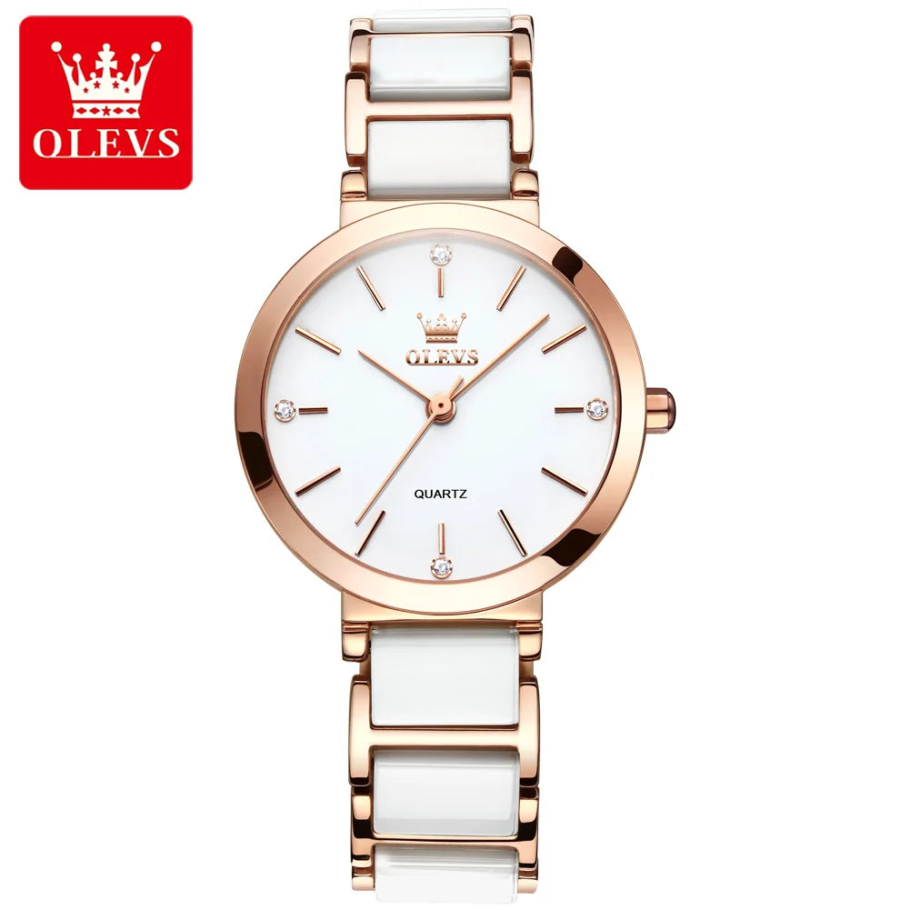 OLEVS 5877 Women's Ceramic Business Watch – Stylish Waterproof Quartz Wristwatch for Ladies Roxane