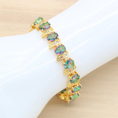 Geometric Gold-Plated Jewelry Set for Women – Rainbow Stone Alloy Bracelet, Hoop Earrings, Necklace & Ring | Perfect Wedding, Party & Birthday Gift Mireille