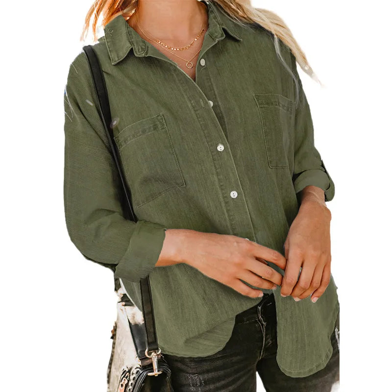 Women Denim Shirt Loose Double Pocket Long Pure Color Sleeve Versatile Shirt