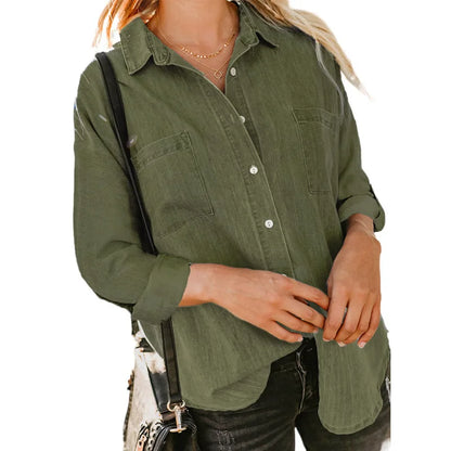 Women Denim Shirt Loose Double Pocket Long Pure Color Sleeve Versatile Shirt