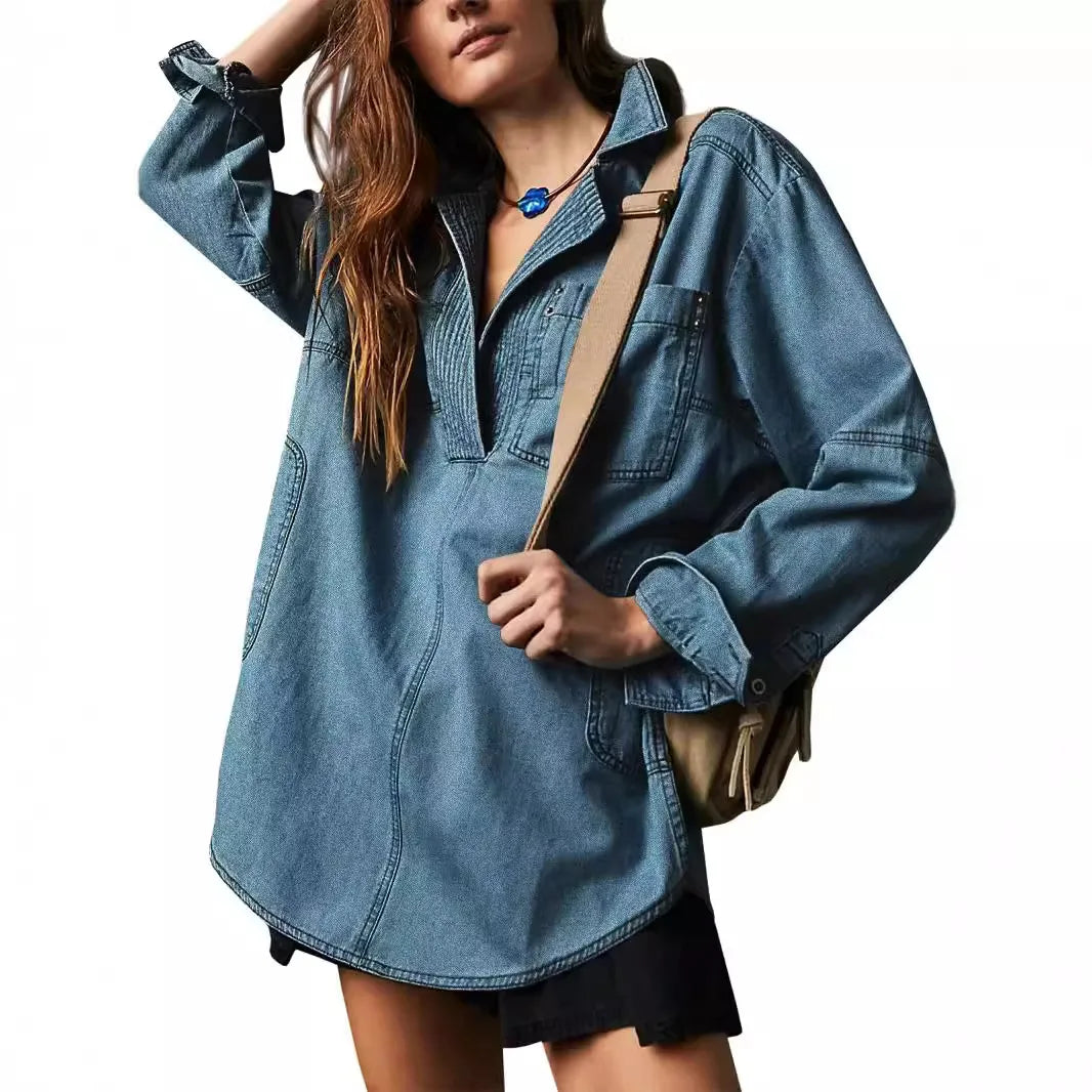Trendy Women's Slim Fit Denim Shirt - Long Sleeve Lapel Casual Style Meghan