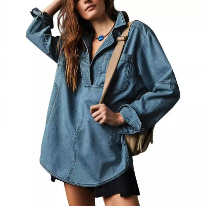 Trendy Women's Slim Fit Denim Shirt - Long Sleeve Lapel Casual Style Meghan