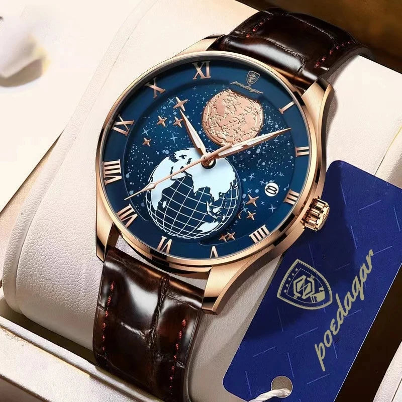 POEDAGAR 803 Men's Quartz Watch – Fashion Leather Strap Waterproof Wristwatch with Globe Dial, Automatic Calendar, and Trendy Design Nicolas