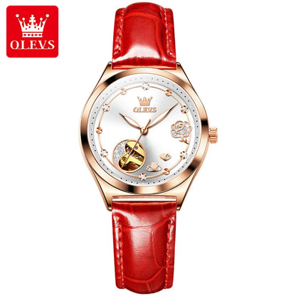 OLEVS 6601 Women's Luxury Mechanical Watch - Trendy Classic Design, Diamond Dial, Waterproof Leather Wristwatch