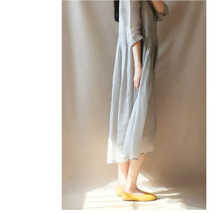 Women's Retro Loose Long Summer Dress - Cotton Linen Half Sleeve Vacation Outfit with O-Neck and Solid Color Design Colleen