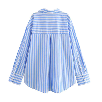 Women's Striped Poplin Lapel Shirt - Spring Fashion Long Sleeve Top Anika