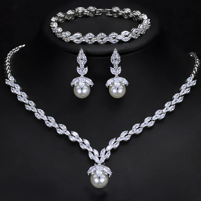 3pcs Silver Marquise-Cut Cubic Zirconia Jewelry Set – Big Pearl Drop Earrings, Bracelet & Necklace for Ladies Lisette