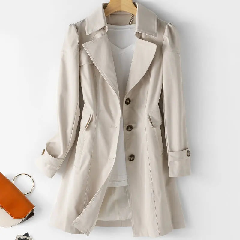 Women's Slim Fit Trench Coat - Solid Color Single-Breasted Medium-Length Jacket Carina