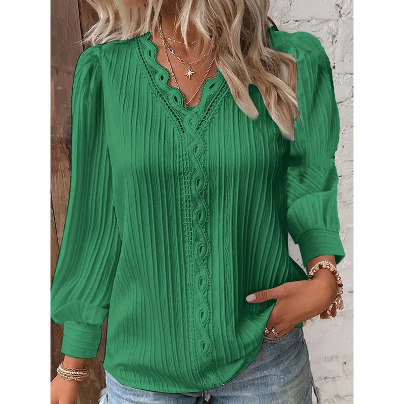 Women's White Lace V-Neck Blouse - Long Sleeve Casual Shirt Jenna