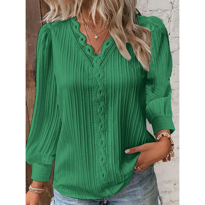 Women's White Lace V-Neck Blouse - Long Sleeve Casual Shirt Jenna