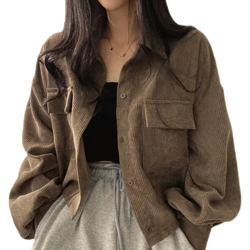 Women's Elegant Corduroy Jacket - Single-Breasted Casual Coat with Turn-Down Collar and Short Lantern Sleeves Celeste