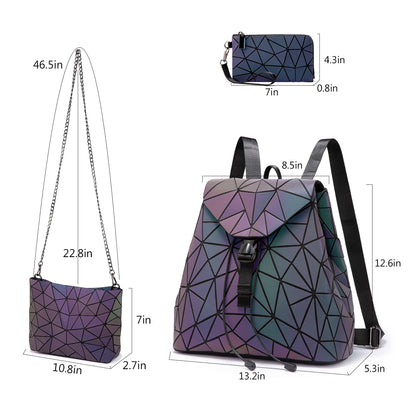 Women Reflective Back Pack Set Crossbody Bags for Ladies Girl Geometric Luminous School Backpack Sasha