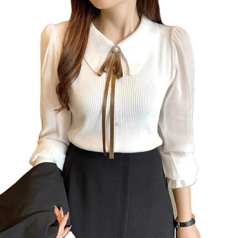 Women's Knitted Pullover – Long Puff Sleeve Doll Collar Spring Sweater with Lapel Ribbon Daiy