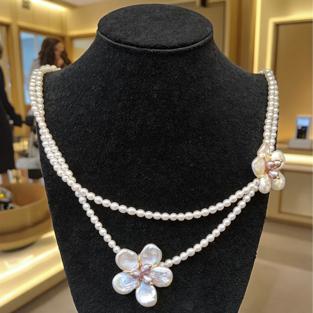 Natural Potato & Freshwater Pearl Necklace with Baroque Petal‑Shaped Design