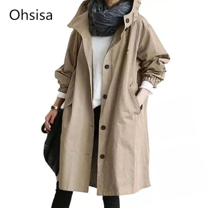 Casual Hooded Windbreaker for Women – Long Style Solid Color Trench Coat with Long Sleeves, Loose Fit Cardigan Dust Coat Sabriel
