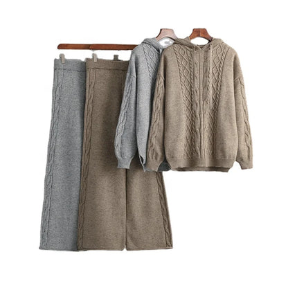 Women’s Warm Knit Jumpsuit Set – Hooded Cable Pullover and Two-Piece Sweater Outfit | Cotton-Nylon Blend Lorelei