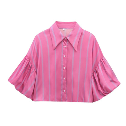 Women's Vintage Print Cropped Blouse – Loose, Comfortable with Puff Sleeves and Back Elastic