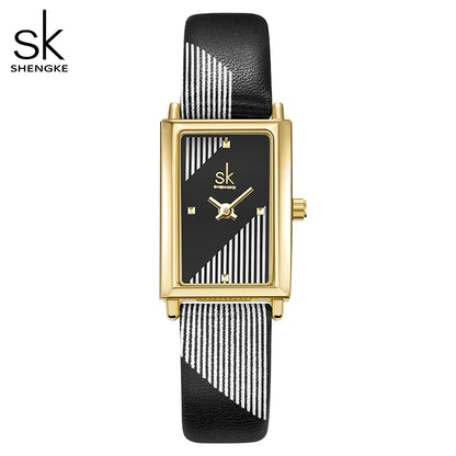 Shengke Women's Designer Rectangle Watch – Elegant Ladies Wristwatch with Leather Band and Quartz Movement Chantal