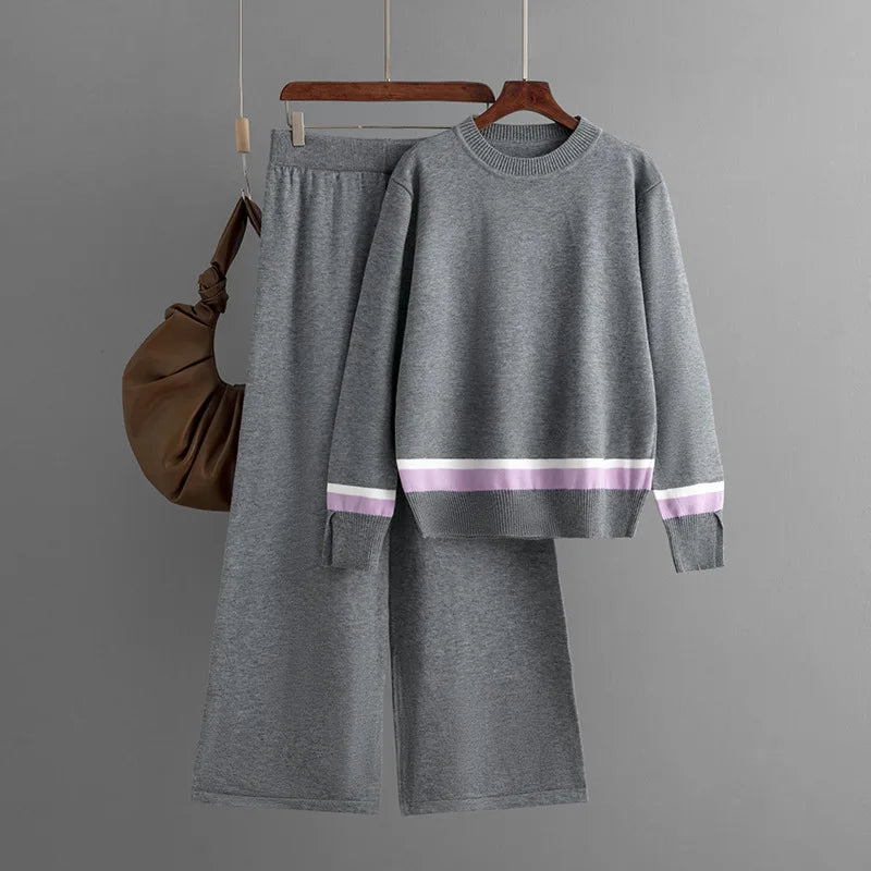 Women's Wool-Cotton Knit Jumpsuit – Striped Pullover & Crew Neck Two-Piece Sweater Set Bridget