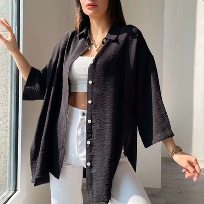 Women Spring Summer Comfortable Casual Solid Color Split Shirt Casual Loose Flared Sleeves Shirt