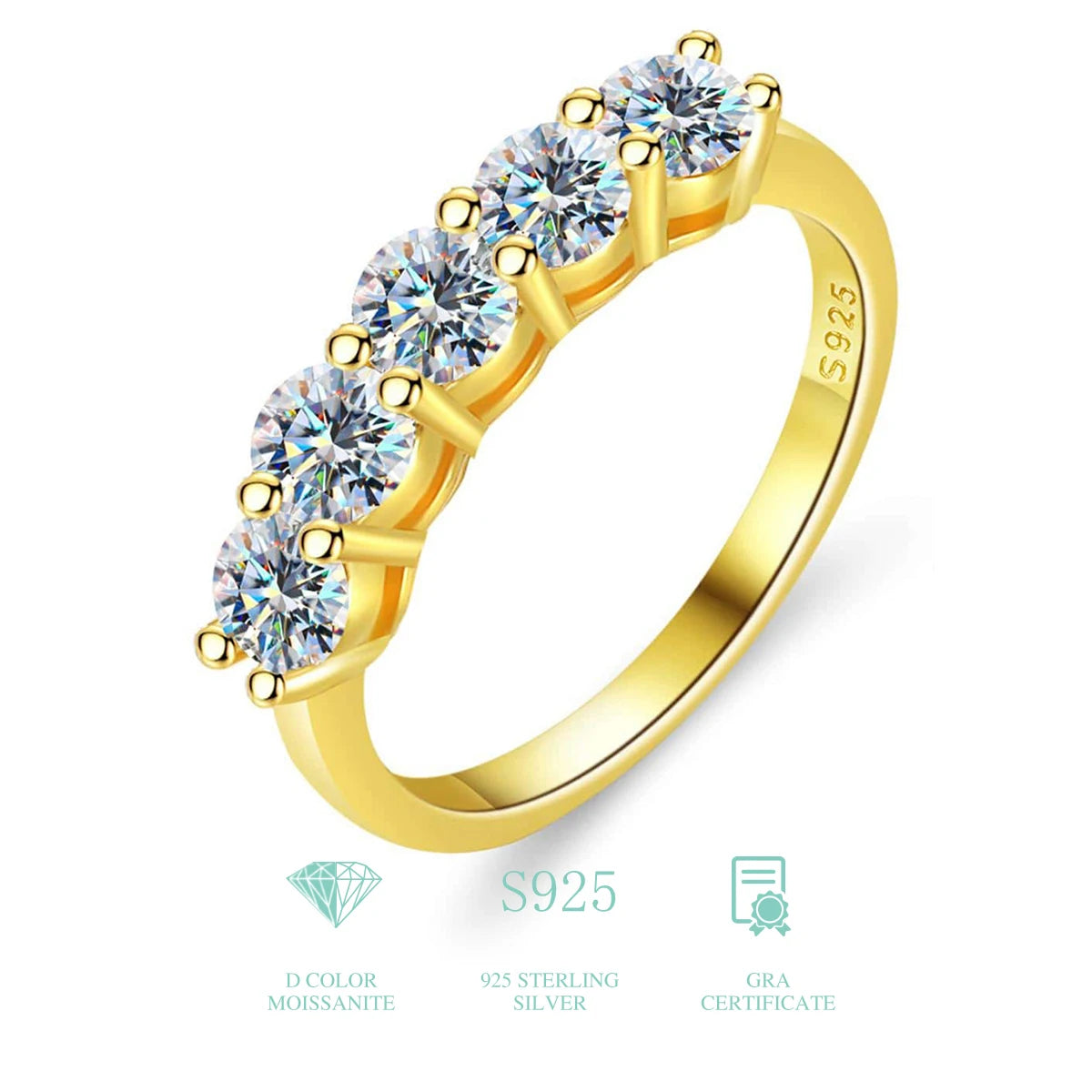 925 Sterling Silver 18K Gold Plated Moissanite Ring – 5-Stone 0.3ct Diamond Tennis Eternity Band for Engagement | Fine Jewelry Judith