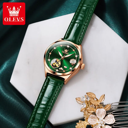 OLEVS 6601 Women's Luxury Mechanical Watch - Trendy Classic Design, Diamond Dial, Waterproof Leather Wristwatch