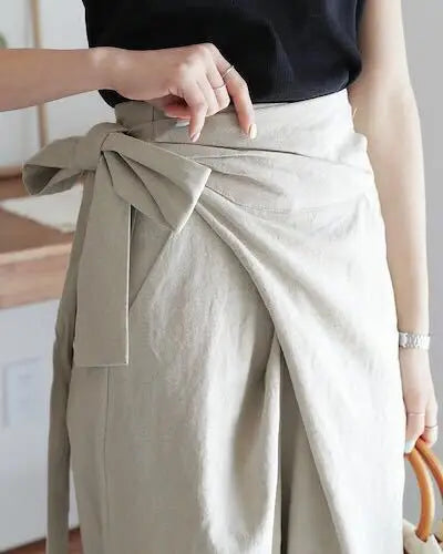 Women's Casual High-Waist Lace-Up Wide-Leg Pants - Solid Color, Loose Fit