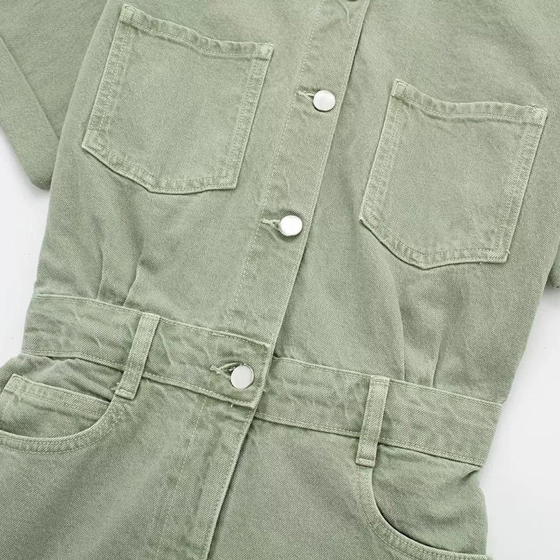 Women's Denim Short Jumpsuit - Retro High-Waist Style with Zipper Placket | Casual Chic Outfit Sabrina