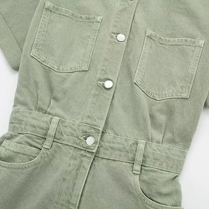 Women's Denim Short Jumpsuit - Retro High-Waist Style with Zipper Placket | Casual Chic Outfit Sabrina