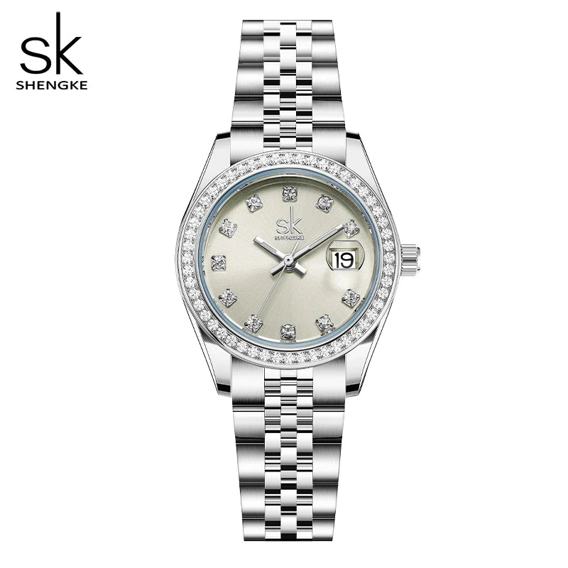 Shengke Elegant Women's Crystal-Accented Quartz Watch with Solid Alloy Steel Band and Calendar – Perfect Dress Watch for Women